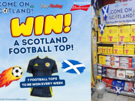 UEFA Euro 2024 build-up – United Wholesale Scotland Promotional image for United Wholesale Scotland's Win a Scotland Football Top! for the UEFA Euro 2024 tournament with shelves filled with beer packs to the right of the promotional image.