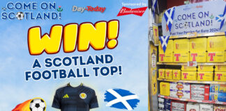 Promotional image for United Wholesale Scotland's Win a Scotland Football Top! for the UEFA Euro 2024 tournament with shelves filled with beer packs to the right of the promotional image.