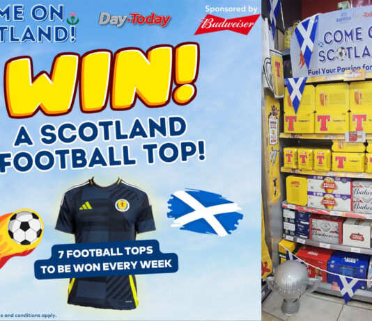 UEFA Euro 2024 build-up – United Wholesale Scotland Promotional image for United Wholesale Scotland's Win a Scotland Football Top! for the UEFA Euro 2024 tournament with shelves filled with beer packs to the right of the promotional image.