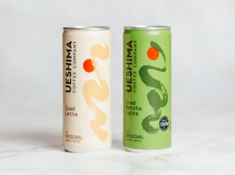 Ueshima Coffee rolls with a Latte innovations Ueshima Coffee Latte cans stand on a marble table with the Latte variant on the left and Matcha Latte on the right.