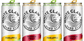 Pack shots of White Claw Pineapple and White Claw Passion Fruit.