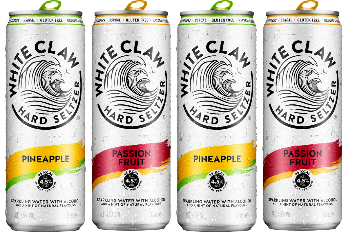 Pack shots of White Claw Pineapple and White Claw Passion Fruit.