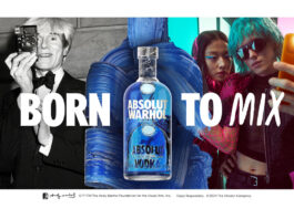 Absolut Vodka revives lost Warhol art in new bottle Advert for Absolut Warhol with a picture of the bottle at the centre with a photo of Andy Warhol to the left and a photo of two friends taking a selfie to the right, the text reads Born to Mix.