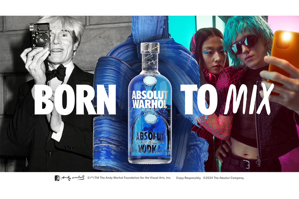Advert for Absolut Warhol with a picture of the bottle at the centre with a photo of Andy Warhol to the left and a photo of two friends taking a selfie to the right, the text reads Born to Mix.