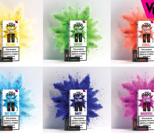 Vapes Bars spreads out its wings for Angel 2400 Promotional images of the Angel 2400 vape device range including Yellow, Green, Coral, Sky Blue, Navy and Magenta variants.