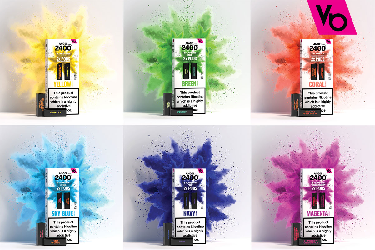 Promotional images of the Angel 2400 vape device range including Yellow, Green, Coral, Sky Blue, Navy and Magenta variants.