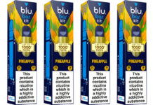 Pack shots of Blu Bar Kit 1000 Puffs Pineapple vapes.
