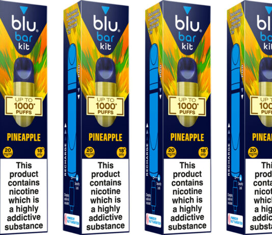 Imperial Brands charges up new 1000 Puff vape devices Pack shots of Blu Bar Kit 1000 Puffs Pineapple vapes.
