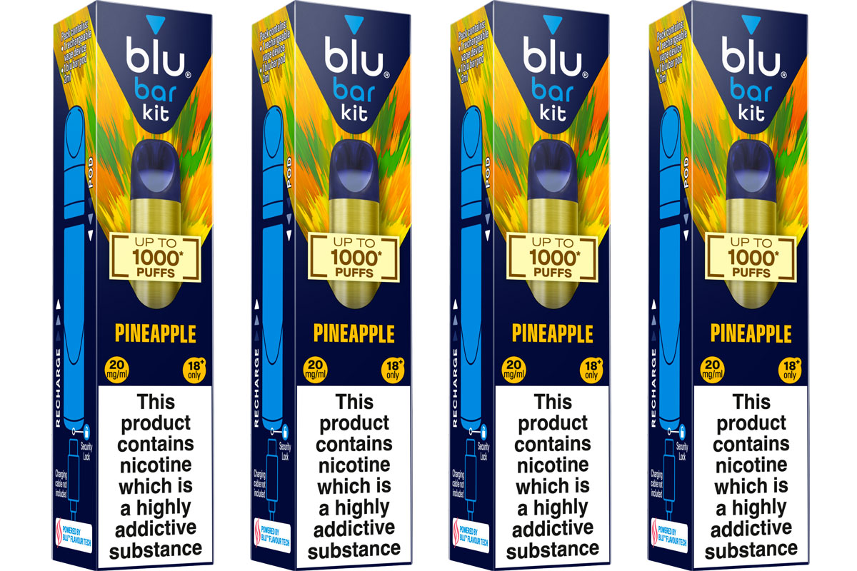Pack shots of Blu Bar Kit 1000 Puffs Pineapple vapes.