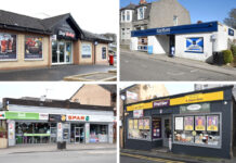 A collage of Scottish convenience stores including Day-Today Bankton, KeyStore Cults, Spar Renfrew and Premier Cupar.
