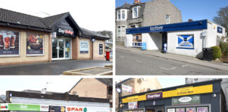 A collage of Scottish convenience stores including Day-Today Bankton, KeyStore Cults, Spar Renfrew and Premier Cupar.