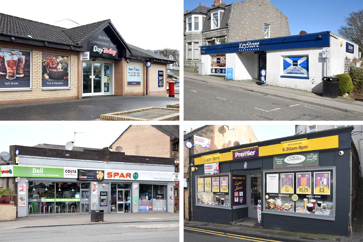 A collage of Scottish convenience stores including Day-Today Bankton, KeyStore Cults, Spar Renfrew and Premier Cupar.