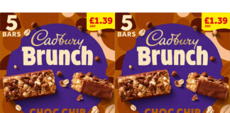 Pack shots of Cadbury Brunch Choc Chip £1.39 PMP.