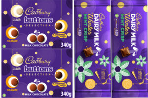 Pack shots of Cadbury Buttons Selection Box and Cadbury Dairy Milk Winter Crisp.