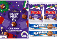 Pack shots of Cadbury Dairy Milk Creamy Advent Calendar, Cadbury Puds Minis and Oreo Gingerbread.