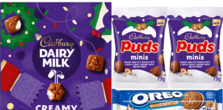 Pack shots of Cadbury Dairy Milk Creamy Advent Calendar, Cadbury Puds Minis and Oreo Gingerbread.