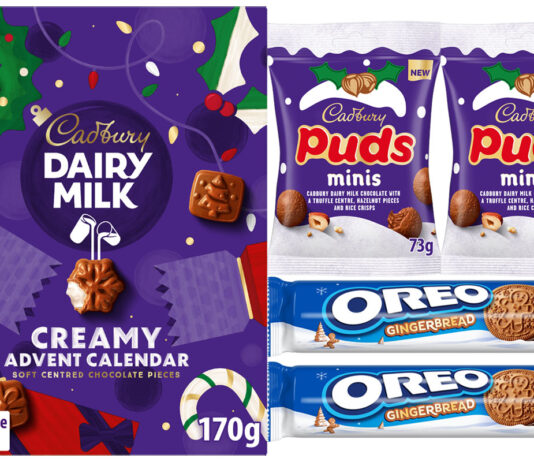Mondelēz decks the halls in Cadbury Christmas range Pack shots of Cadbury Dairy Milk Creamy Advent Calendar, Cadbury Puds Minis and Oreo Gingerbread.