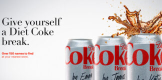 Advert for the new Give Yourself a Diet Coke Break campaign featuring three cans of Diet Coke with people's names on them.