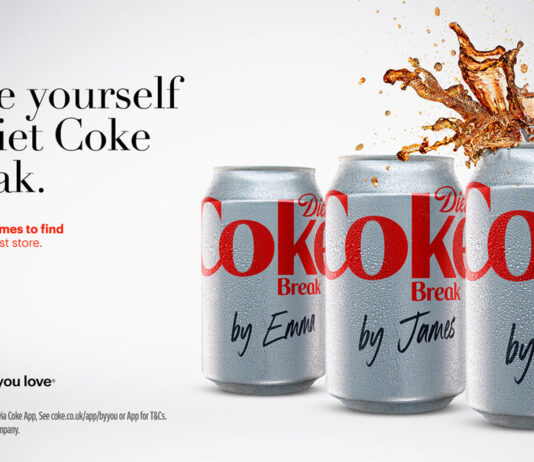 A Diet Coke Break with your name on it Advert for the new Give Yourself a Diet Coke Break campaign featuring three cans of Diet Coke with people's names on them.