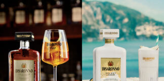 Cocktails serves stand next to bottles of Disaronno Originale and Disaronno Velvet with the Originale variant in a bar and Velvet cocktail against a summer holiday backdrop.