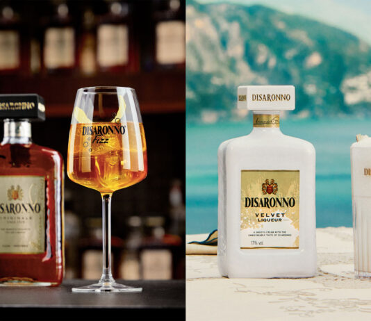 Disaronno builds the cocktail opportunity in summer Cocktails serves stand next to bottles of Disaronno Originale and Disaronno Velvet with the Originale variant in a bar and Velvet cocktail against a summer holiday backdrop.