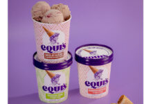 Tubs of Equi's ice cream variants sit against a purple background showing off the updated design, the flavours include Strawberry Cheesecake, Pistachio Swirl and Chocolate Hazelnut & Raspberry.