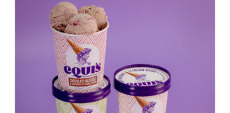 Tubs of Equi's ice cream variants sit against a purple background showing off the updated design, the flavours include Strawberry Cheesecake, Pistachio Swirl and Chocolate Hazelnut & Raspberry.