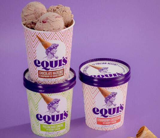 Equi’s unveils new look and ice cream flavours Tubs of Equi's ice cream variants sit against a purple background showing off the updated design, the flavours include Strawberry Cheesecake, Pistachio Swirl and Chocolate Hazelnut & Raspberry.