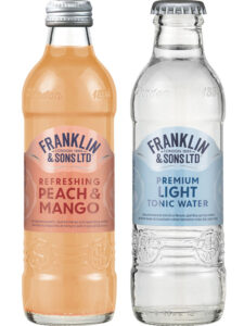 Pack shots of Franklin & Sons bottles with Premium Tonic Water Light and Refreshing Peach & Mango.