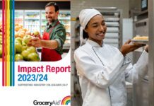 The front cover of the GroceryAid Impact Report 2023/24 with a woman placing a tray of baked goods onto a rack.