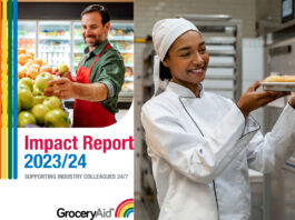 Demand for GroceryAid support rises The front cover of the GroceryAid Impact Report 2023/24 with a woman placing a tray of baked goods onto a rack.