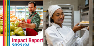 The front cover of the GroceryAid Impact Report 2023/24 with a woman placing a tray of baked goods onto a rack.