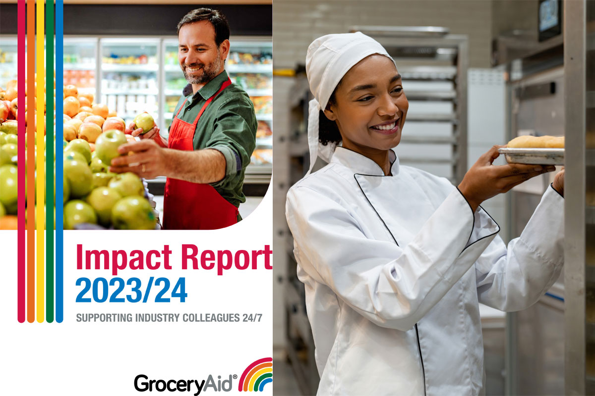 The front cover of the GroceryAid Impact Report 2023/24 with a woman placing a tray of baked goods onto a rack.