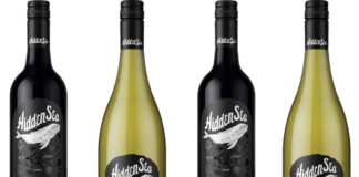 Pack shots of Hidden Sea wine including its Chardonnay and Shiraz Cabernet.