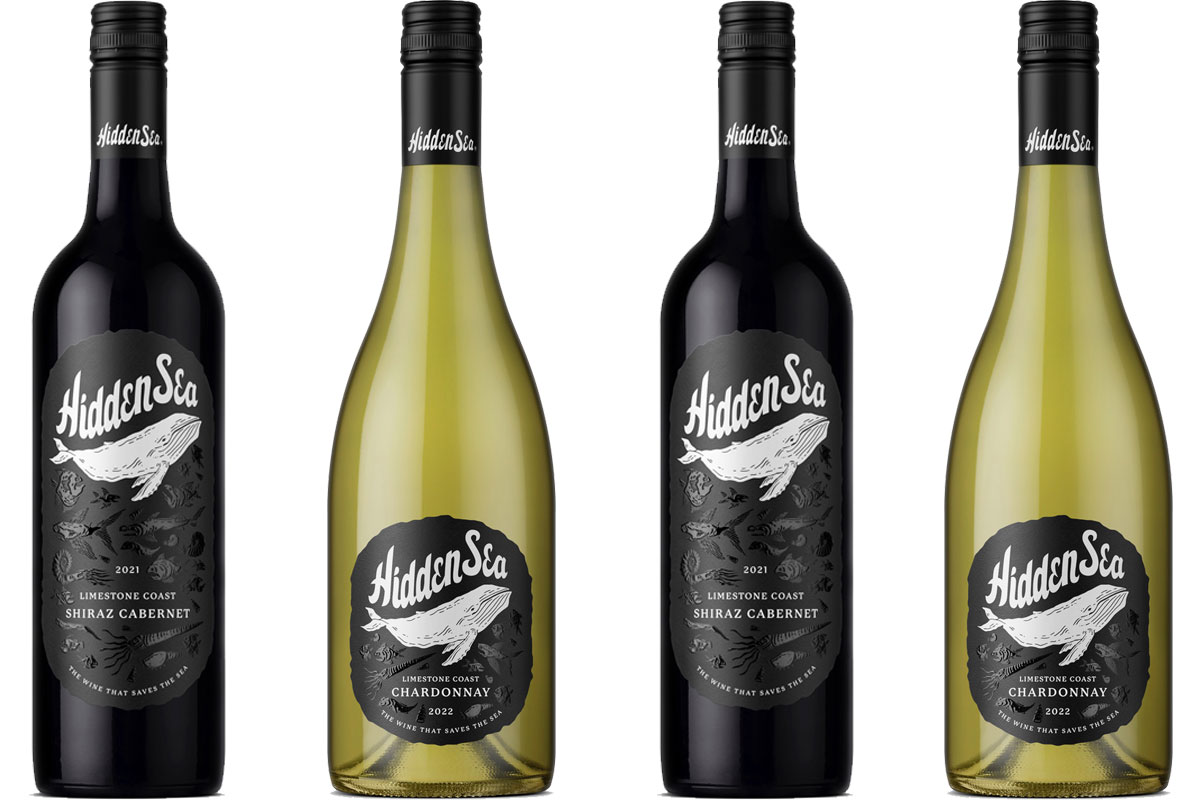 Pack shots of Hidden Sea wine including its Chardonnay and Shiraz Cabernet.