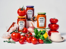 Jars of Heinz Pasta Sauce are surrounded by ingredients used in making each of the sauces, the Pasta Sauces including Tomato, Sicilian Lemon and Ricotta; Tomato, Black Garlic and Roasted Garlic; and Tomato & Spicy 'Nduja.