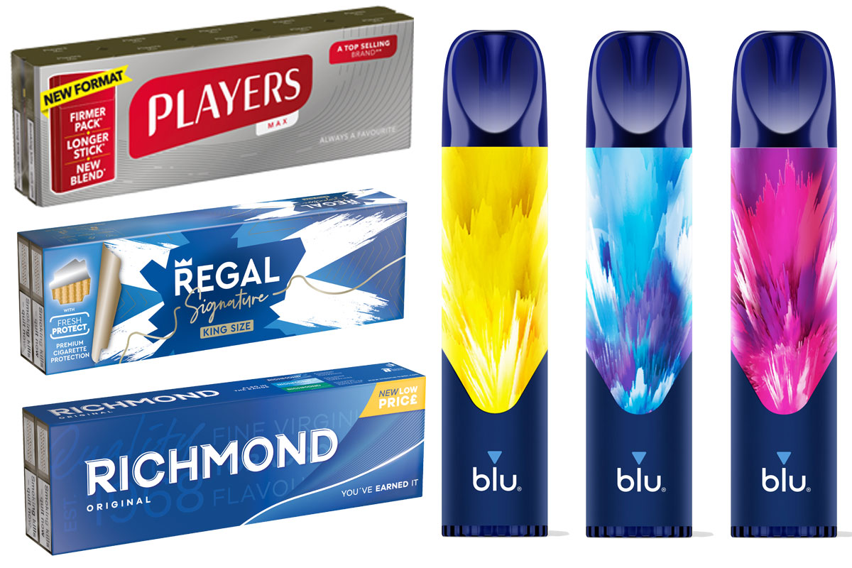 Imperial Brands' nicotine range including Players JPS, Regal Signature, Richmond and Blu Bar vapes in Banana Ice, Blueberry Ice and Grape variants.