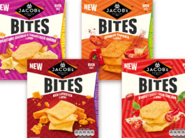 Pack shots of Jacob's Bites range including Mature Cheddar & Caramelised Onion, Red Leicester, Smoked Paprika and Sweet Chilli + Sour Cream.
