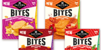 Pack shots of Jacob's Bites range including Mature Cheddar & Caramelised Onion, Red Leicester, Smoked Paprika and Sweet Chilli + Sour Cream.