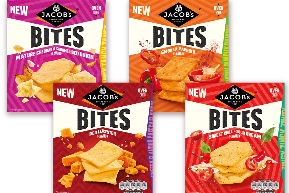Pack shots of Jacob's Bites range including Mature Cheddar & Caramelised Onion, Red Leicester, Smoked Paprika and Sweet Chilli + Sour Cream.