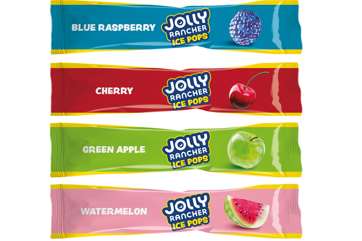 Pack shots of Jolly Rancher Ice Pops including Blue Raspberry, Cherry, Green Apple and Watermelon.