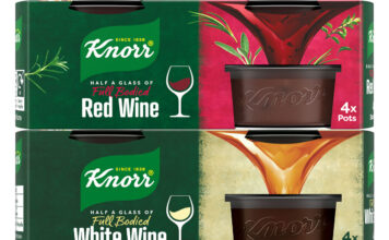 Pack shots of Knorr Wine Stock Pots including Red Wine and White Wine.