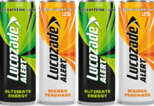 Pack shots of Lucozade Alert Ultimate Energy and Mango Peachade.