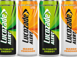 Lucozade Alert unveils new fruity flavour duo Pack shots of Lucozade Alert Ultimate Energy and Mango Peachade.