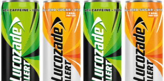 Pack shots of Lucozade Alert Ultimate Energy and Mango Peachade.