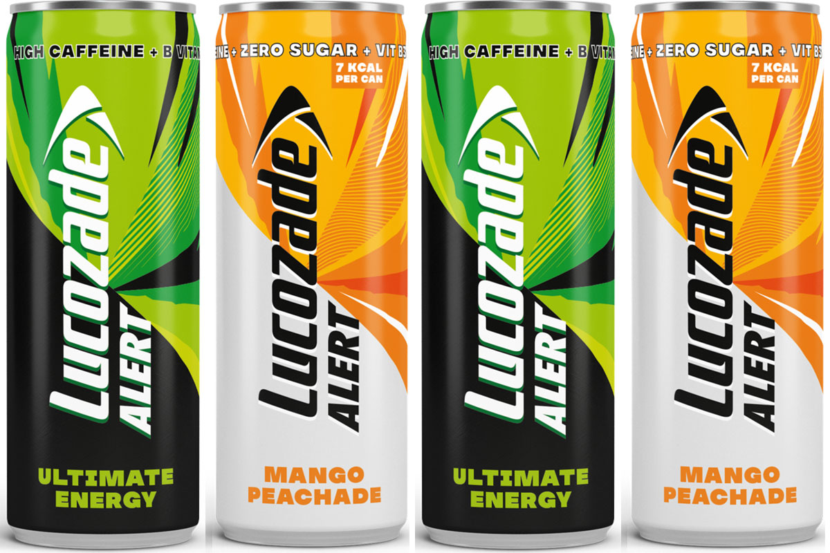 Pack shots of Lucozade Alert Ultimate Energy and Mango Peachade.