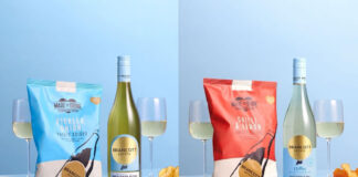 Packets of Made for Drinks crisps sit next to bottles of Brancott Estate wine in a partnership promotion.