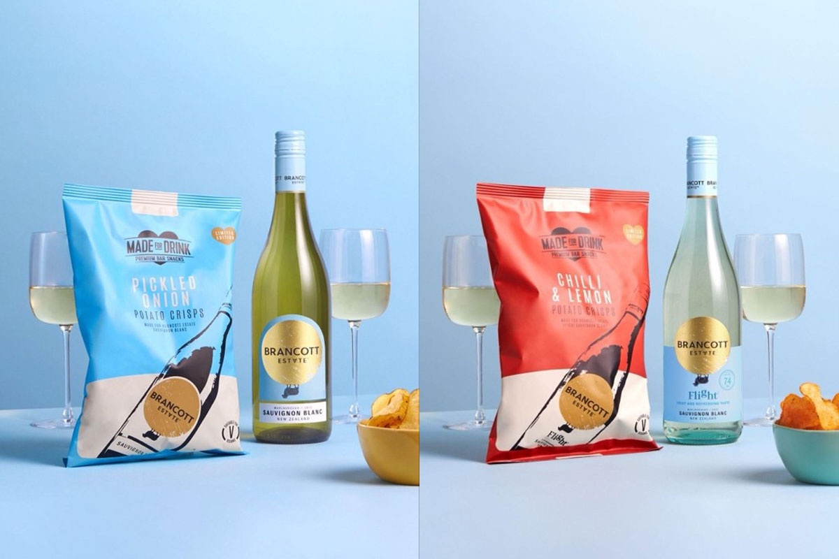 Packets of Made for Drinks crisps sit next to bottles of Brancott Estate wine in a partnership promotion.