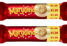 Pack shots of £1.29 PMP Maryland White Chocolate Chip cookies.