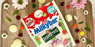 Pack of Milkybar Rowntree Jelly & Ice Cream sweets sits on a wooden table with the sweets around the packet.